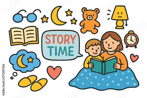 Storytime Doodle Delight. Storytime moments. Colorful Hand-drawn doodle Children illustration Storytime moments open book, glasses, moon, stars, blanket,