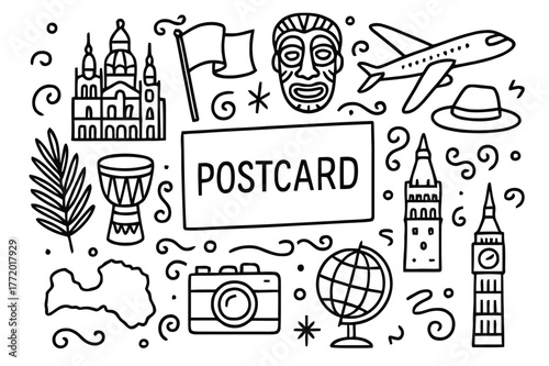 Cultural Symbol Sketches. Cultural postcard. Hand-drawn doodle illustration landmark, temple, mask, flag, drum, map, globe, airplane, postcard, hat, tower,