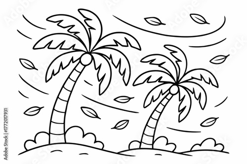 Windy Palm Coloring Page. Windy palm day children?s coloring book illustration, outlined drawing, palm trees bending gently in the breeze with curved motion