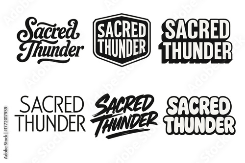 Sacred Thunder Lettering Variations. Sacred Thunder. Set lettering. harmonious lettering variations of the same emblematic concept (Whimsical curly type with