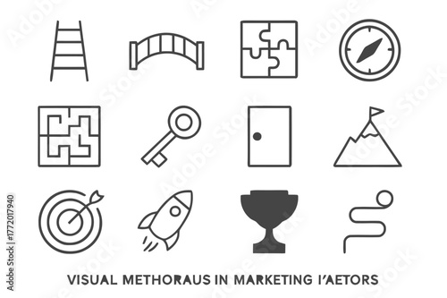 Visual Metaphors Icons. Visual metaphors in marketing. Line icon set of visual metaphors: ladder, bridge, puzzle, compass, maze, key, door, mountain, target,