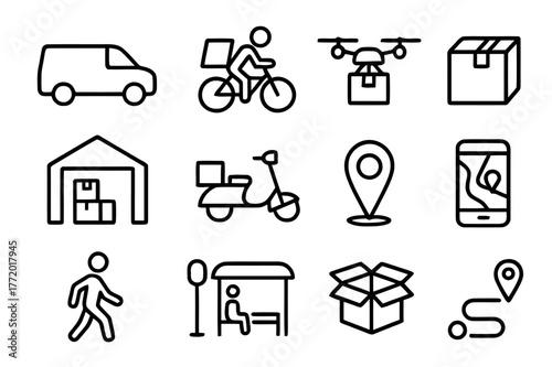 Urban Delivery Icons. Urban delivery. Line icon set of urban delivery: delivery van, bicycle courier, drone, package, warehouse, scooter, map marker,