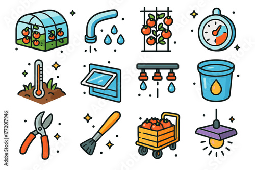Greenhouse Tomato Icons. Greenhouse tomato cultivation. Colorful isometric vector icons set of Greenhouse tomato cultivation: greenhouse tunnel, irrigation