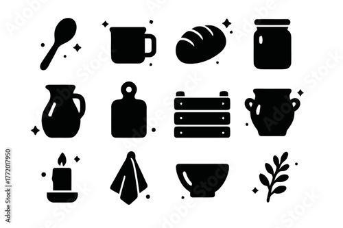 Farmhouse Kitchen Icons. Farmhouse Kitchen Decor. Solid icons set of Farmhouse Kitchen Decor: wooden spoon, enamel mug, bread loaf, jar, milk jug, cutting