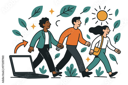 Employee Digital Detox. Digital detox for employees. Employees walking outdoors away from computers with abstract floating leaves, sun, and sparkles; conveys