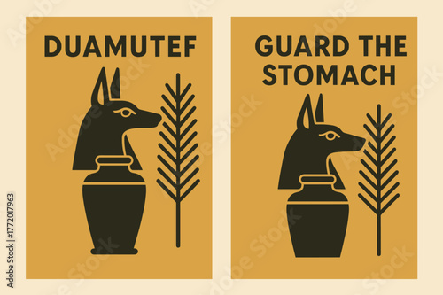 Duamutef Canopic Banners. Canopic Protector. Two vertical A6 banners with safe margins, centered composition, no elements touching edges, flat vector design,