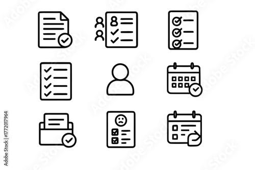 Follow-up Icons Set. Follow-up and Minutes. Line icon set of Follow-up and Minutes: meeting minutes document, attendance list, decisions check, action items