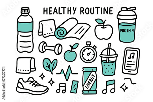 Healthy Lifestyle Essentials. A close-up of a water bottle, yoga mat, and protein shake as part of a healthy routine. Hand-drawn doodle illustration healthy