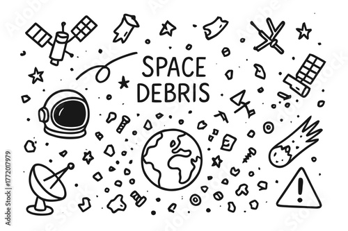 Space Debris Doodle. Space debris. Hand-drawn doodle illustration space debris satellite, rocket fragment, broken antenna, orbit path, Earth, space junk