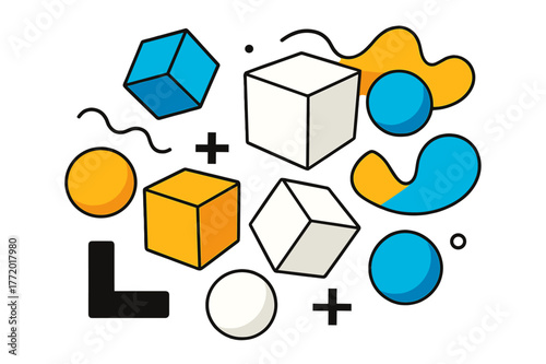 Floating Geometric Design. 3D Design Elements. Floating abstract 3D cubes and spheres with geometric accents and soft shadows, modern and dynamic composition.