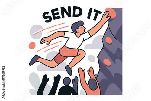 Dynamic Climbing Leap. Dyno to the Jug. Knees load, hands launch, the climber flies between holds; ?SEND IT? arcs with motion streaks. Spotters below glow as