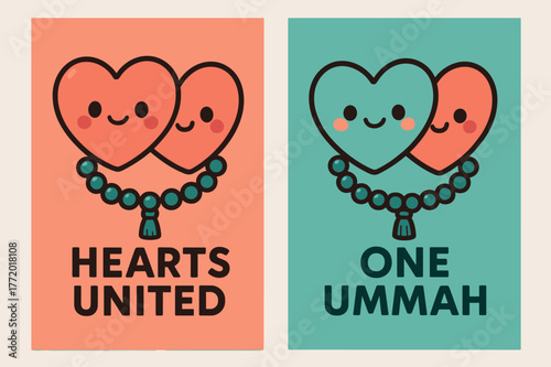 Kawaii Hearts Unity. Unity of Hearts. Two vertical A6 banners with safe margins, centered composition, no elements touching edges, kawaii, coral and teal,