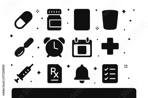 Medication Reminder Icons. Medication Reminders. Solid icons set of Medication Reminders: pill capsule, pill bottle, blister pack, water glass, dosage spoon,