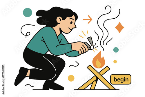 Igniting the Ember. Keeper of the Hearth ? First Ember. A steel and flint kiss with a tiny spark; thin lines trace the ember?s breath into kindling. Tag reads