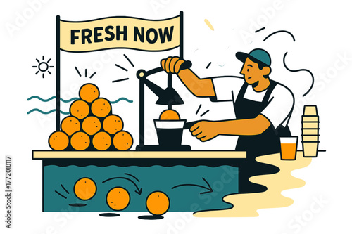 Beachside Citrus Stand. Citrus stand by the beach. A vendor lifts a press as oranges roll like suns; ?Fresh now? banner flutters. Waves sketch soft zigzags