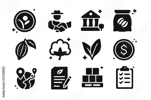 Fair Trade Icons. Fair trade and ethical sourcing. Solid icons set of Fair trade and ethical sourcing: fair trade seal, farmer handshake, cooperative building,