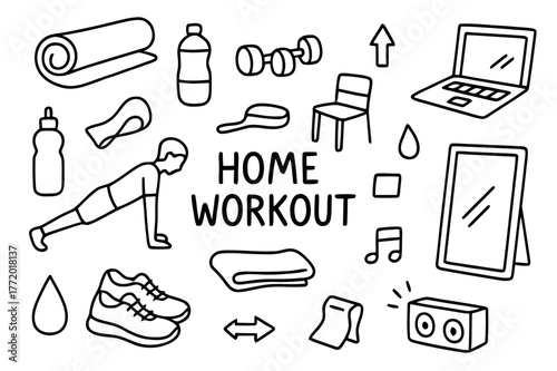 Home Workout Essentials. Home workout. Hand-drawn doodle illustration home workout yoga mat, water bottle, dumbbells, push-up pose, resistance band, chair,