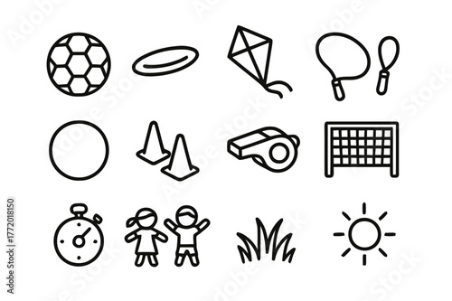 Outdoor Games Icons. Outdoor games. Line icon set of outdoor games: soccer ball, frisbee, kite, skipping rope, hoop, cones, whistle, goal net, stopwatch,