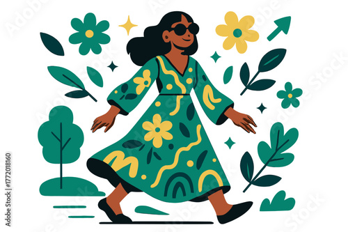 Boho-Chic Park Stroll. A young woman wearing a boho-chic dress and oversized sunglasses. Woman strolling through park wearing flowing bohemian dress and