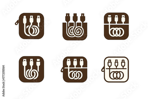 Travel Cable Kit Logos. Travel cable kit. Set Logo of Travel cable kit: zip pouch with neatly wound leads. harmonious logo variations of the same emblematic