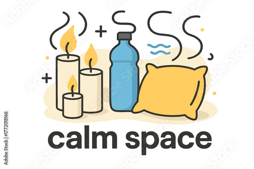 Calm Space Symphony. Relaxing Environment. Candles, water bottle, and pillow arranged symmetrically; gentle curves of scent and light move outward. Text tag: