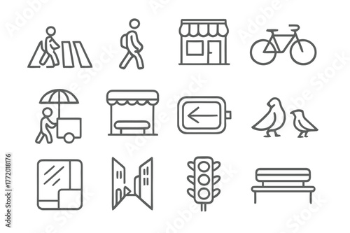Street Icon Set. Street Photography. Line icon set of Street Photography: crosswalk, passerby, storefront, bicycle, street vendor, bus stop, neon sign,