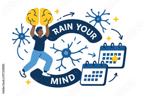 Mind Gym. Mental fitness exercises. A character lifts a glowing dumbbell shaped like a brain; ?Train your mind? arcs across floating neurons. Calendars and