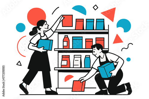 Restocking with Style. Restocking Supplies. Supermarket shelves being restocked with packaged goods with floating abstract geometric shapes, productive and