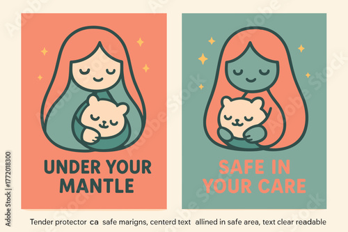 Tender Protector Banners. Tender Protector. Two vertical A6 banners with safe margins, centered composition, no elements touching edges, kawaii, coral and