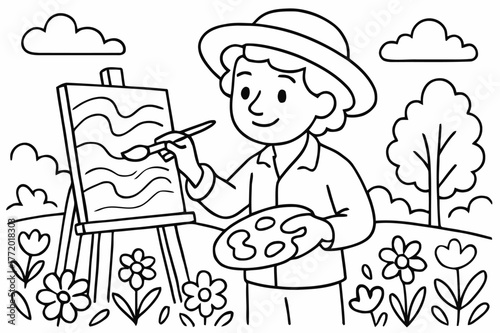 Coloring Book Artist. Impressionist painters children?s coloring book illustration, outlined drawing, artist painting outdoors with easel, flowers, and soft
