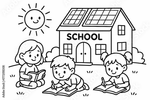 Solar School Coloring Page. Solar-powered school children?s coloring book illustration, outlined drawing, a school building with rooftop panels and children