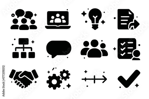 Team Collaboration Icons. Team Collaboration. Solid icons set of Team Collaboration: group chat, laptop screen, lightbulb, document share, workflow chart,