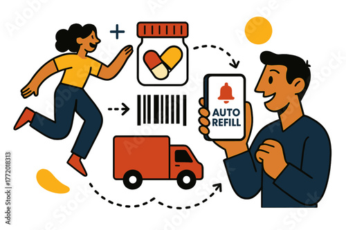 Smart Pharmacy Tech. Healthcare Tech ? Smart Pharmacy. Pill bottle transforms into barcode and delivery icon; dotted arrows connect to a phone app labeled