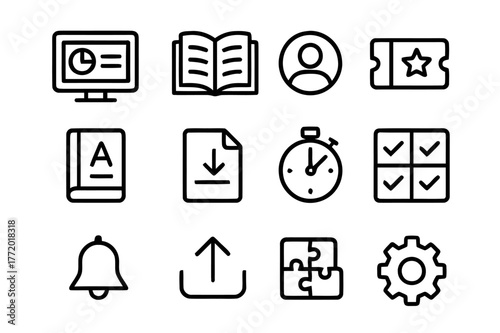 LMS Icon Set. Learning management systems (LMS). Line icon set of LMS: dashboard, course catalog, user profile, enrollment ticket, gradebook, assignment inbox,