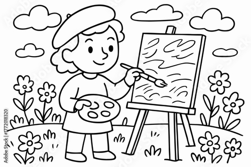Coloring Book Artist. Impressionist painters children?s coloring book illustration, outlined drawing, artist painting outdoors with easel, flowers, and soft