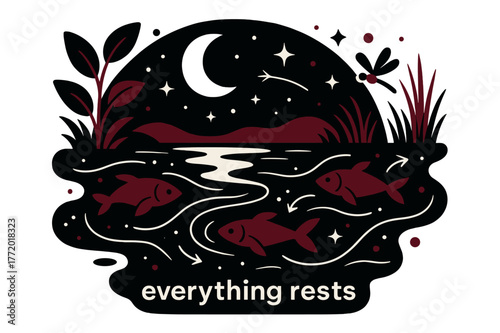 Moonlit River Reflections. River Ecosystem ? Night Reflections. Moonlight glides across a quiet current; fish shadows and starlit ripples merge. Caption