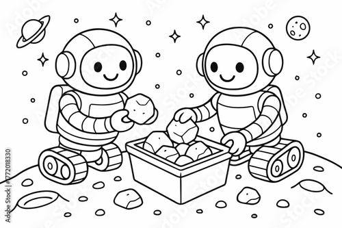 Smiling Robots Collecting Rocks. Space mining robots children?s coloring book illustration, outlined drawing, two smiling helper robots gently collecting rocks