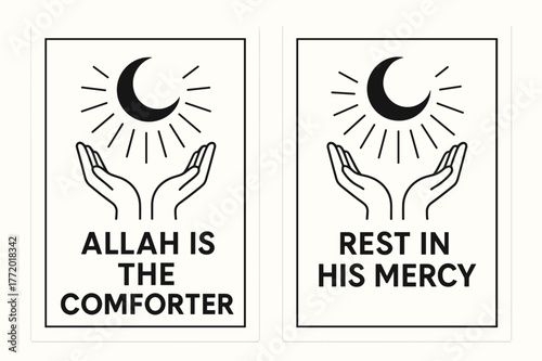 Divine Comfort Banners. Divine Comfort. Two vertical A6 banners with safe margins, centered composition, no elements touching edges, flat vector design, black