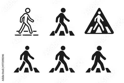Pedestrian Icon Variations. Traffic Rule Infographic. Set Logo of Pedestrian Crossing Icon: Minimal outline, Filled silhouette, Abstract geometric, Negative