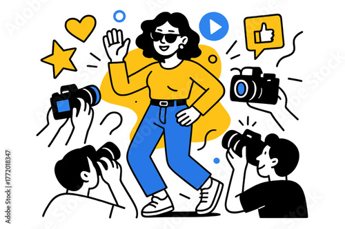 Influencer Surrounded by Icons. Celebrity Influencer. Person surrounded by cameras and floating abstract geometric social media icons, stylish and popular