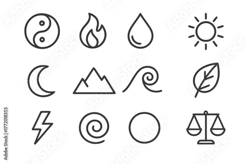 Yin Yang Icon Set. Yin and yang harmony. Line icon set of yin and yang harmony: yin-yang symbol, fire, water, sun, moon, mountain, ocean wave, leaf, lightning