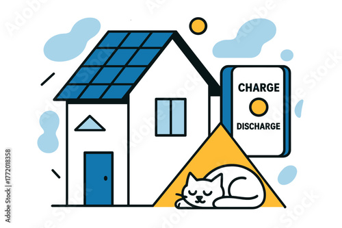 Solar-Powered Cozy Home. Home Battery & Solar Roof. A cozy house wears neat PV shingles; a wall battery glows with ?Charge ? Discharge.? A pet naps under a