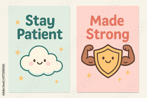 Patience & Strength Banners. Patience & Power. Two vertical A6 banners with safe margins, centered composition, no elements touching edges, cartoon, pastel