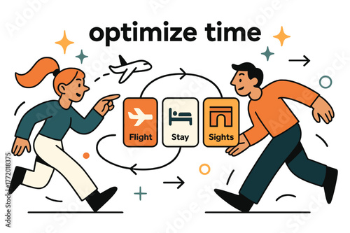 AI Travel Itinerary. AI Assistants ? Trip Planner. Cards for flights, stays, and sights snap into a smooth itinerary line; a tiny plane follows the path.