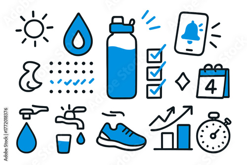 Habit & Hydration Doodles. // Hydration & habit tracking. Hand-drawn doodle illustration hydration & habit tracking [smart bottle (accented), droplet gauge