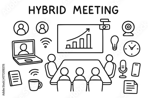 Hybrid Meeting Essentials. Hybrid meeting. Hand-drawn doodle illustration hybrid meeting laptop, conference table, projector, webcam, microphone, chart, group