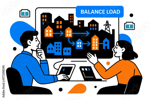 Smart Grid Animation. Smart Grid Control. Operators watch simplified city blocks glow as power flows animate in arrows; ?Balance Load? pulses on a floating