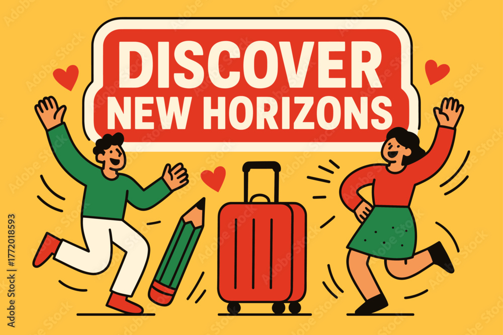 Obraz premium Explore New Horizons. Discover new horizons banner, flat vector illustration, bold oversized text inside sticker outline, cartoon characters dancing and