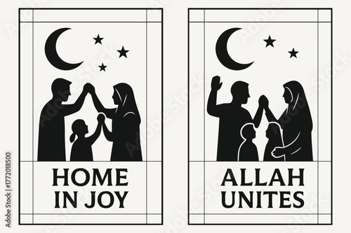 Family Unity Silhouettes. Family Joy. Two vertical A6 banners with safe margins, centered composition, no elements touching edges, modern, black and white,