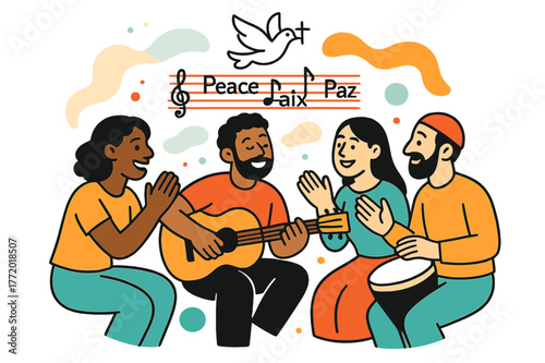 Harmony Through Music. Cultural Exchange & Music. A circle of people clap and sing with guitar and hand drum; lyric lines read ?Peace, Peace? in shared
